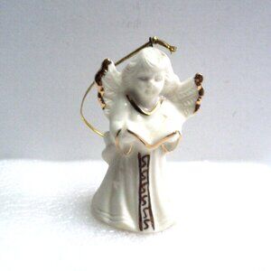 Christmas Angel Holding Hymn Book Ornament Bell Porcelain GiftCo Inc. Gold Trim
